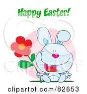 Royalty Free RF Clipart Illustration Of A Happy Easter Greeting Over Sitting Blue Bunny With A Flower In Front Of A Pink Circle