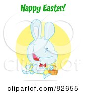 Royalty Free RF Clipart Illustration Of A Happy Easter Greeting Over An Exited Running Blue Bunny With An Easter Basket In Front Of A Yellow Circle