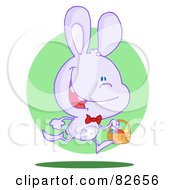 Royalty Free RF Clipart Illustration Of An Exited Running Purple Bunny With An Easter Basket In Front Of A Green Circle
