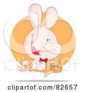 Royalty Free RF Clipart Illustration Of An Exited Running Pink Bunny With An Easter Basket In Front Of An Orange Circle