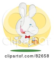Royalty Free RF Clipart Illustration Of An Exited Running White Bunny With An Easter Basket In Front Of A Yellow Circle