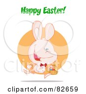 Royalty Free RF Clipart Illustration Of A Happy Easter Greeting Over An Exited Running Pink Bunny With An Easter Basket In Front Of An Orange Circle