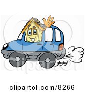 House Mascot Cartoon Character Driving A Blue Car And Waving