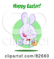 Royalty Free RF Clipart Illustration Of A Happy Easter Greeting Over An Exited Running Purple Bunny With An Easter Basket In Front Of A Green Circle
