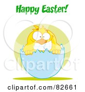 Poster, Art Print Of Happy Easter Text Above A Yellow Chick Smiling And Peeking Out Of An Egg Shell