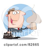 Hyper Businessman With A Steamy Hot Cup Of Coffee Carrying A Briefcase Over A Blue Circle