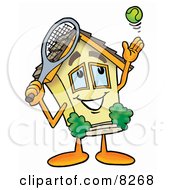 House Mascot Cartoon Character Preparing To Hit A Tennis Ball