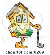 House Mascot Cartoon Character Leaning On A Golf Club While Golfing