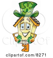 House Mascot Cartoon Character With A Green Four Leaf Clover On St Paddys Or St Patricks Day