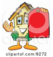 House Mascot Cartoon Character Holding A Red Sales Price Tag