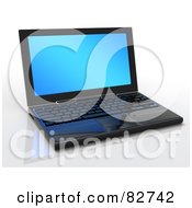 Poster, Art Print Of 3d Black New Laptop Computer With A Blank Blue Screen On A Reflective Surface