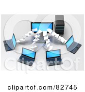 Royalty Free RF Clipart Illustration Of 3d Pages Flowing To Or From A Blue Screened Desktop Computer To Multiple Laptops by Tonis Pan