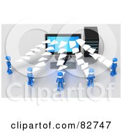 Royalty Free RF Clipart Illustration Of 3d Pages Flowing To Or From A Desktop Computer To Blue People by Tonis Pan