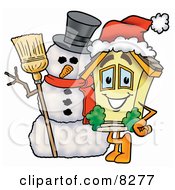 Poster, Art Print Of House Mascot Cartoon Character With A Snowman On Christmas