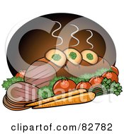 Royalty Free RF Clipart Illustration Of A Steaming Hot Pot Roast Beef Served With Veggies