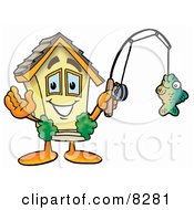 House Mascot Cartoon Character Holding A Fish On A Fishing Pole