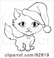 Poster, Art Print Of Black And White Outline Of A Kitty Cat Wearing A Bell Collar And Santa Hat