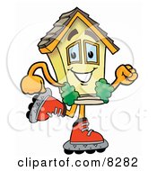 House Mascot Cartoon Character Roller Blading On Inline Skates