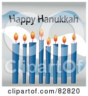 Row Of Lit Blue Candles With Happy Hanukkah Text Above