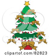 Poster, Art Print Of Christmas Tree Adorned In Gold Bows Red Bead Garlands And Flocked Branches