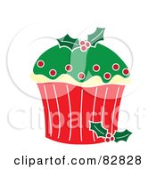 Poster, Art Print Of Christmas Cupcake With Green Frosting Red Dots And Holly Candies