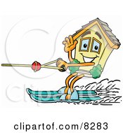 House Mascot Cartoon Character Waving While Water Skiing
