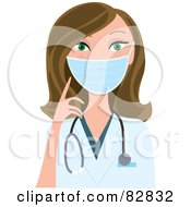 Royalty Free RF Clipart Illustration Of A Brunette Woman Pointing To A Medical Mask On Her Face
