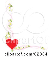 Poster, Art Print Of White Background Bordered With A Red Heart And Apple Blossoms With Pink Ribbons