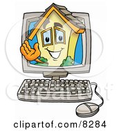 House Mascot Cartoon Character Waving From Inside A Computer Screen