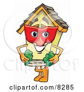 House Mascot Cartoon Character Wearing A Red Mask Over His Face