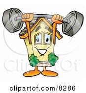 House Mascot Cartoon Character Holding A Heavy Barbell Above His Head