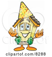 House Mascot Cartoon Character Wearing A Birthday Party Hat