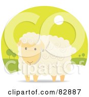 Poster, Art Print Of Adorable Beige Sheep With Swirls In His Hair In A Green Landscape