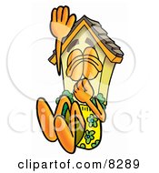 House Mascot Cartoon Character Plugging His Nose While Jumping Into Water
