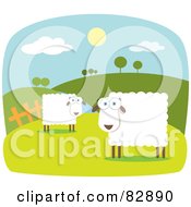 Poster, Art Print Of Two Square Bodied Sheep In A Pasture Near Rolling Hills With White Borders
