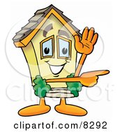 House Mascot Cartoon Character Waving And Pointing by Mascot Junction