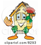 House Mascot Cartoon Character Holding A Red Rose On Valentines Day
