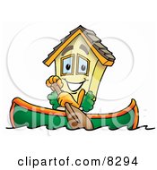 House Mascot Cartoon Character Rowing A Boat