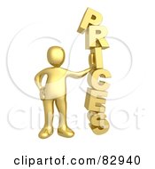 Royalty Free RF Clipart Illustration Of A 3d Golden Person Leaning Against The Word PRICES