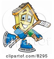 House Mascot Cartoon Character Playing Ice Hockey
