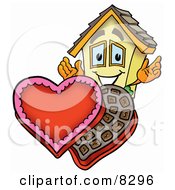 Poster, Art Print Of House Mascot Cartoon Character With An Open Box Of Valentines Day Chocolate Candies
