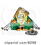 House Mascot Cartoon Character Camping With A Tent And Fire