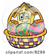 House Mascot Cartoon Character In An Easter Basket Full Of Decorated Easter Eggs