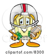 Clipart Picture Of A House Mascot Cartoon Character In A Helmet Holding A Football