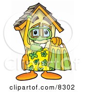 House Mascot Cartoon Character In Green And Yellow Snorkel Gear