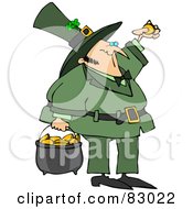 Poster, Art Print Of St Patricks Day Leprechaun Inspecting A Gold Coin And Carrying A Pot Of Gold