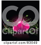 Poster, Art Print Of Romantic Background Of Two Pink Heats With Green Plants Over Black