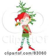 Thoughtful Christmas Elf Smiling And Carrying A Christmas Tree