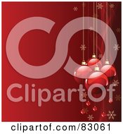 Poster, Art Print Of Red Christmas Background With A Right Border Of Shiny Glass Baubles Snowflakes And Mesh Waves