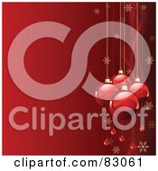 Royalty Free RF Clipart Illustration Of A Red Christmas Background With A Right Border Of Shiny Glass Baubles Snowflakes And Mesh Waves